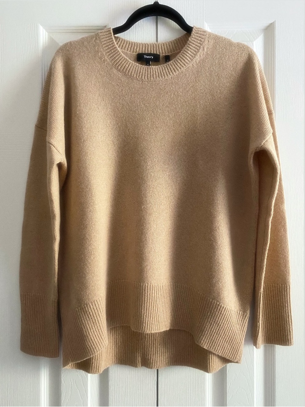 THEORY CASHMERE KARENIA RELAXED FIT RIB TRIM CREWNECK SWEATER LOUNGEWEAR Camel S
